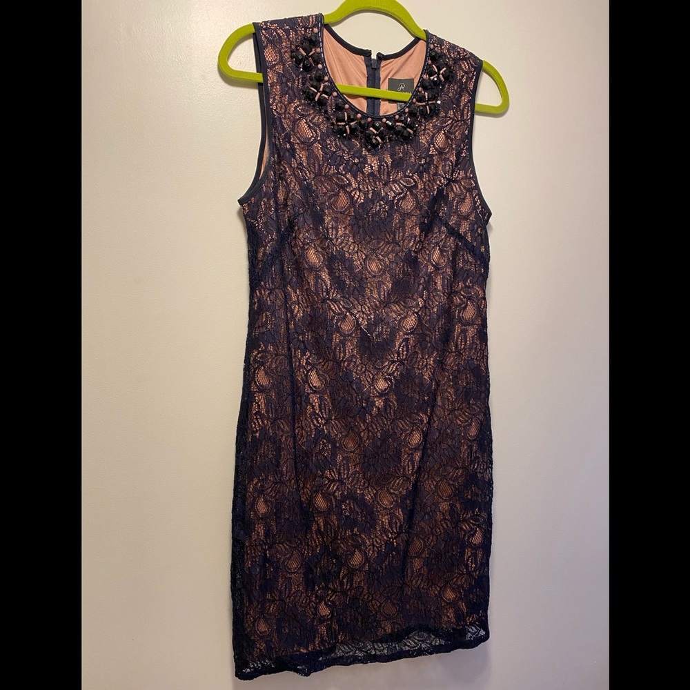 Navy and pink lace dress with beaded neckline